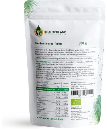 Kr uterland Organic Barley Grass Powder 500g - Pure Raw Food from Controlled Organic Cultivation - Premium Quality Barley Grass - Buy Online on GoSupps.com