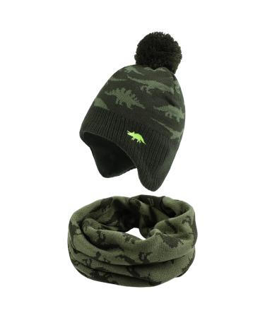 XIAOHAWANG Knitted Baby Hat Winter Warm Boys Girls Beanie Fleece Lining Toddler Kids Hat with Pompom 9-24 Months Army Green Hat+Scarf