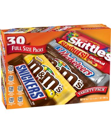 M&M'S, SNICKERS, 3 MUSKETEERS, SKITTLES & STARBURST Full Size Chocolate Candy Variety Mix 56.11-Ounce 30-Count Box 30-Ct Fruity & Chocolate