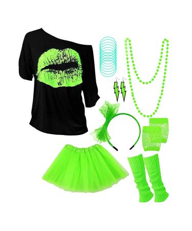 Generically 80s Outfit women 90s costume clothing accessories with a t-shirt fusster bag headband leg warmers bracelets glasses and earring for carnival neon party 80s outfit women 7 3XL