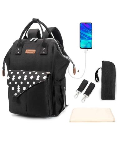 Approach multifunctional mom backpack waterproof winding backpack with a large capacity with diaper pad stroller belts and USB connection diaper bag for mom and dad LD29 Black