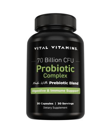 Vital Vitamins Probiotic Complex for Men & Women - 70 Billion CFU - Made with Prebiotic Blend - Digestive Gut Health & Immune Support - Powerful Blend of 10 Strains - 30 Capsules 30 Count (Pack of 1)