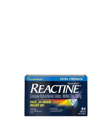 Reactine Extra Strength Antihistamine Tablets - 10mg Cetirizine Hydrochloride - 24 Hour Allergy Relief Medicine - 84 Count 84 count (Pack of 1)