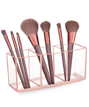 HBlife Clear Acrylic Makeup Brush Holders, 3-Compartment Vanity Organizer Stand and Desk Storage for Lipstick Eyeshadow Pen, Skincare Cosmetic Display Cases for Bathroom Clear Pink