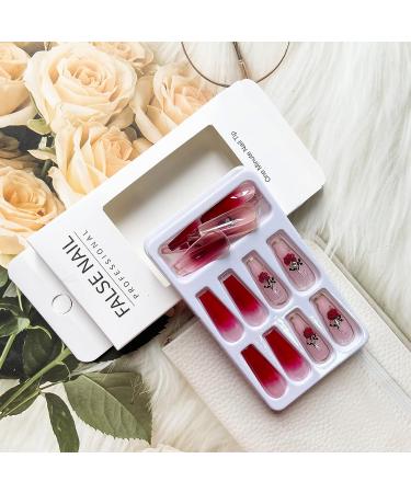Long Coffin Red Press on Nails with Rhinestone Rose Design - Full Cover Stick on False Nails for Women - Cute Flower Artificial Nails for Valentines Day Manicure - Buy Online on GoSupps.com