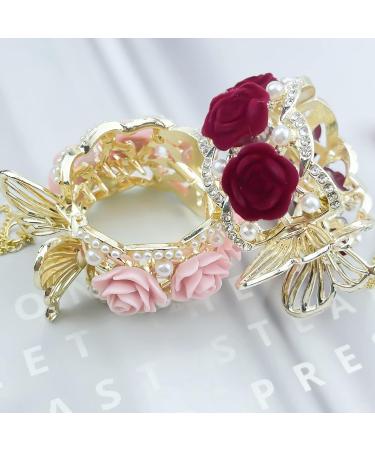 3 Pcs Rose Flower Tassel Ponytail Hair Clips | Vintage High Ponytail Hair Barrettes with Pearl Rhinestone Metal | Chinese Decorative Accessories for Bride Women Girls - Buy Online on GoSupps.com