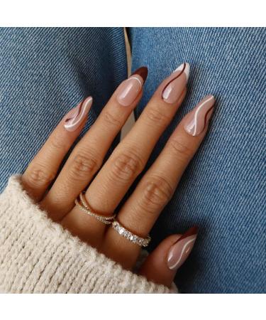 Buy White Brown French Press Almond Nails | Medium Camellia Acrylic Press-On Fake Nails with Glue - Perfect for Youthful Manicure Style - Buy Online on GoSupps.com