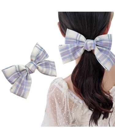 Large Hair Bows for Women Big Bow Hair Clips Plaid Fabric Hairpin Elegant French Hair Barrettes for Thick and Fine Super Fairy Hair Accessories for Women Girls (Blue Purple)