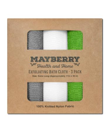 Extra Long (36 Inches) Exfoliating Bath Cloth/Towel (3 Pack) Gray White and Green Nylon Bath Cloth/Towel Stitching on All Sides for Added Durability - Buy Online on GoSupps.com