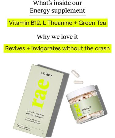 Rae Wellness Energy Capsules - Vitamin B12, Green Tea, L-Theanine - 60 Caps - Vegan, Non-GMO, Gluten-Free - Buy Online on GoSupps.com