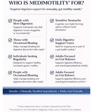 MediVite Supplements MediMotility 60ct Physician-Approved Supplement for Healthy Gut Motility & Digestive Function with Ginger Root & Artichoke Extract GI & Bloating Support for Men & Women - Buy Online on GoSupps.com