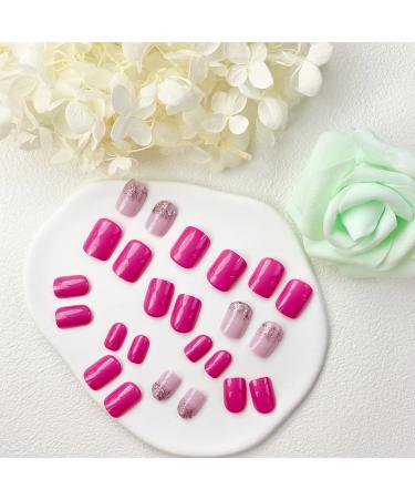 24Pcs Pink Glitter Square Press-On Nails | Glossy Full Cover Acrylic False Nails | Short Stick-On Nails for Women and Girls - Buy Online on GoSupps.com