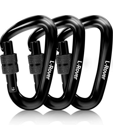 L-Rover Lightweight Locking Carabiner Clips,Carabiner Heavy Duty,x3/12kN/2645-pound Rating Caribeaners for Hammocks,Swing,Locking Dog Leash and Harness, Camping,Keychains,Hiking&Utility 12KN,Black/Black