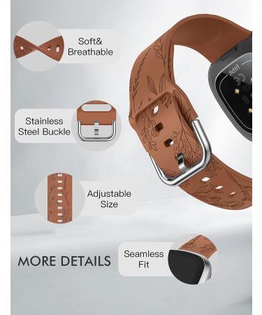 Floral Engraved Silicone Band for Fitbit Versa 4/Versa 3/Sense - Brown Dandelion Flower Pattern Strap for Women - Sporty and Fancy Design - Buy Online on GoSupps.com