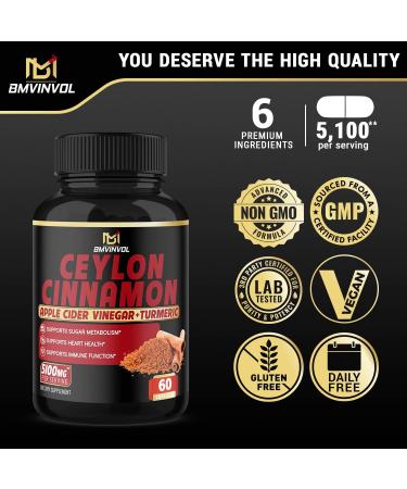 Ceylon Cinnamon Capsules - 5100mg Herbal Supplement with Apple Cider Vinegar, Turmeric, Ginseng & Berberine for Antioxidant Support - Buy Online on GoSupps.com