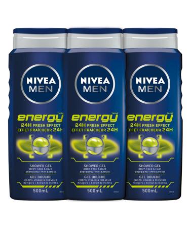 NIVEA MEN Energy Body Wash | 3-in-1 Men Shower Gel (Body Face & Hair) 3x500mL