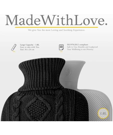 Premium Soft Knitted Cover Hot Water Bottle - 1.8l Large Capacity for Pain Relief and Cosy Nights - Great Gift for Women (Black) - Buy Online on GoSupps.com