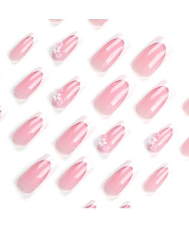 French Tip Press on Nails - Short Square Press On Nails with Nail Tips White edged long fake nails with glittering pink flower nails press on nails Acrylic False Nails Cute Artificial Nails - Buy Online on GoSupps.com