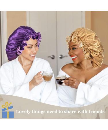 COOLCHI Satin Bonnet Cap Set for Women - Adjustable Silk Hair Wrap for Long Curly Hair - Khaki & Purple - Buy Online on GoSupps.com