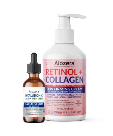 Alozera Retinol Collagen Body Lotion & Hyaluronic Acid Serum Bundle with Stem Cells for Firming Hydrating Plumper & Smoother Skin Lightweight & Fragrance-Free