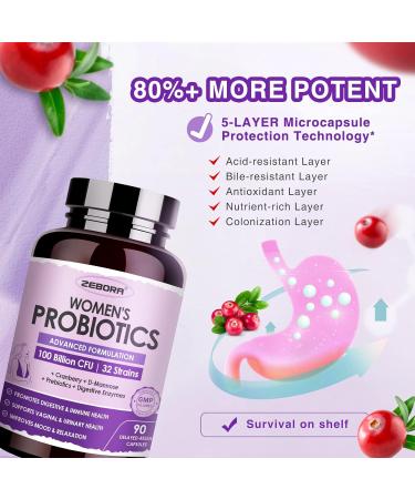 ZEBORA Probiotics for Women Digestive Health with Enzymes & Prebiotics 100 Billion CFUs| Vaginal Probiotics with D Mannose & Cranberry | Urinary Tract Health | Immune Support 90 Capsules - Buy Online on GoSupps.com