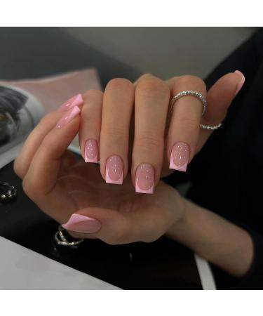 Buy Pink French Tip Press on Nails | Short Square Coffin & Acrylic Nails - 30 PCS Classical Nail Art - Buy Online on GoSupps.com