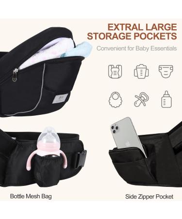 Baby Hip Carrier - Ergonomic Waist Stool for Newborn to Toddler - Soft Fabric Front Carrier with Pockets - Adjustable Waistband (Black) - Buy Online on GoSupps.com