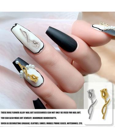 Tulip Nail Charms 60PCS Rose Flower Metal Nail Gems Studs Gold Silver Nail Art Decorations Ornaments for Nail Design Supplies Jewelry Accessories (Gold Silver) - Buy Online on GoSupps.com