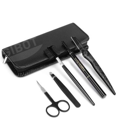 Gibot Eyebrow Set 5pcs Stainless Steel Eyebrow Grooming Kit with Tweezers Scissors Eyebrow Brush Comb Eyebrow Pencil Razor and Travel Case for Women and Men Black - Buy Online on GoSupps.com