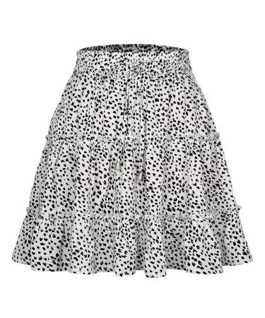 LAEMILIA Womens Elastic Waist Flared Short Skirt Floral Print Pleated Mini Skater Skirt with Drawstring M White2