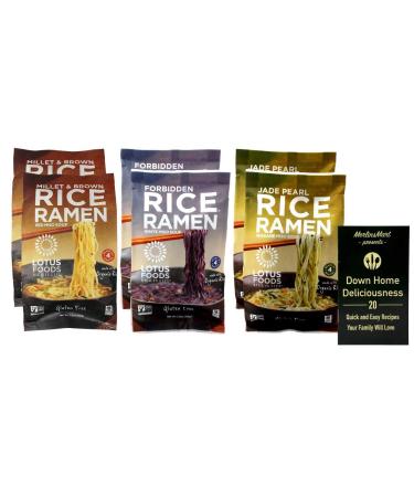 Lotus Foods Gluten Free Rice Ramen Noodle Soup | Vegan | 3 Flavor 6 Bag Variety (2) each: Millet & Brown Rice Red Miso, Forbidden White Miso, Jade Pearl Wakame (2.8 Ounces) Plus Recipe Booklet Bundle