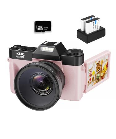 VJIANGER 4K Vlogging Camera for YouTube 48MP Digital Camera for Photography and Video with Flip Screen, Manualfocus, 16X Digital Zoom, 52mm Wide Angle & MacroLens, 32GB TF Card, 2 Batteries(Pink)