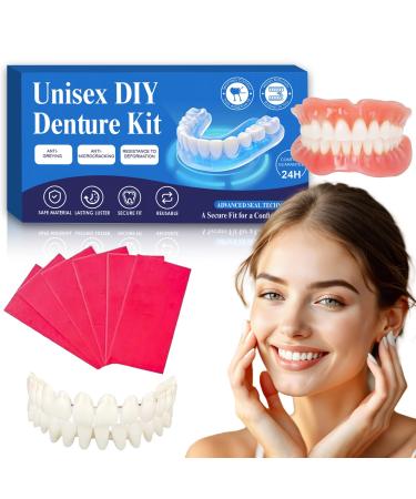 DIY Denture Kit for Emergency Replacement - Natural Looking Comfort-Fit Fake Teeth Upper & Lower Set for Everyday Use Universal Size for Men & Women