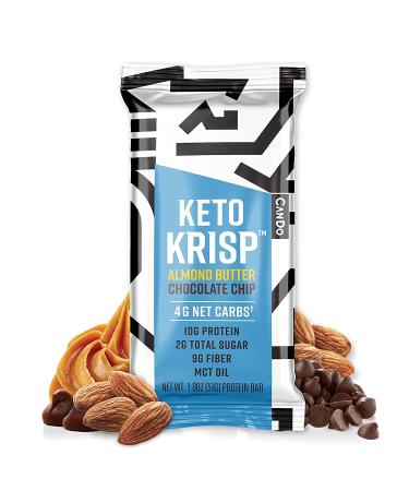 CanDo Keto Krisp - Keto Snack & Keto Bars (12 Pack, Almond Butter Chocolate Chip) - Low-Carb, Low-Sugar High Protein Bars - Gluten-Free Crispy, Perfectly Delicious Healthy Meal Replacement Almond Butter Chocolate Chip 12 Count (Pack of 1)
