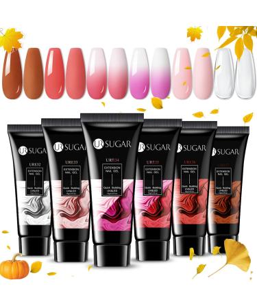 UR SUGAR Pink Brown Poly Extension Gel Nail Set 6 Colours Pink White Colour Changing Thermal Poly Nail Gel Kit Builder Nail Gel Clear Pink Brown for All Seasons Soak Off Gel Polish Gift Box for Women