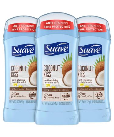 Suave Deodorant for Women Coconut Kiss Invisible Solid Antiperspirant Deodorant Stick 48H Protection 2.6 Oz Ea (Pack of 3)