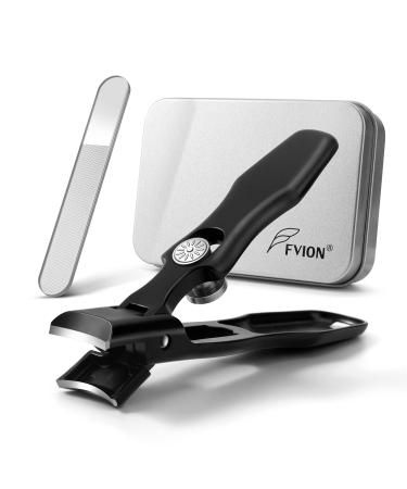 FVION Professional Nail Clipper with Glass Nail File Wide Jaw Heavy Duty Nail Cutter - No Splash Toenail Clipper for Thick Nails with Lock & Catcher in a Beautiful Gift Box Black