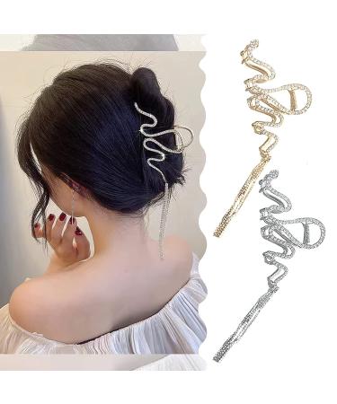 Neegaurd 2Pcs Metal Hair Claw Clips with Glitter Tassel Vintage Rhinestone Hair Claw Clips Silver Hair Jaw Clips Gold Claw Clips for Thick Hair Hair Accessories for Women Lady