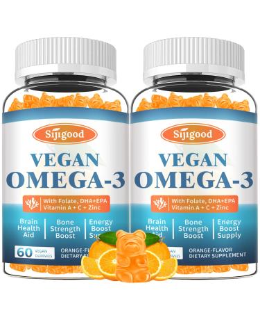 2 Pack Omega-3 Gummies Potent Algae Omega Source Boost Brain Eye & Immune Function with DHA and EPA Vegan & Sugar Free Orange Flavor 120 Count Orange 60 Count (Pack of 2)