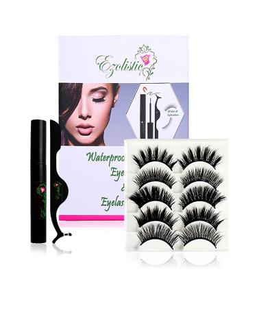 Fake Eyelashes Set (5 Pair) with Magnetic Eyeliner Tweezer & Storage Box with Mirror - 5X Thick & Long - Natural Looking Soft & Reusable - Waterproof (1x Magnetic Eyeliner - Thick & Long)