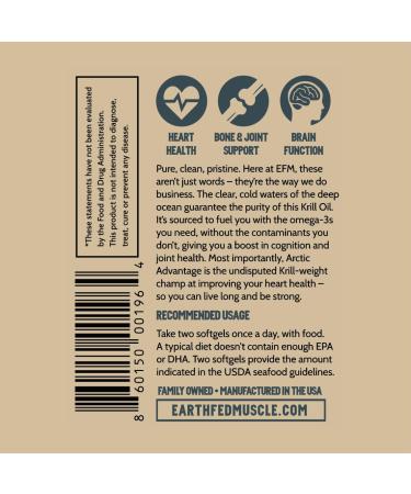 Earth Fed Muscle Arctic Advantage Krill Oil 500mg softgels Omega-3 DHA & EPA for Heart Brain Eye & Joint Health Support No Fishy Aftertaste Non-GMO Gluten-Free Antartic Krill Oil - 60 Capsules - Buy Online on GoSupps.com