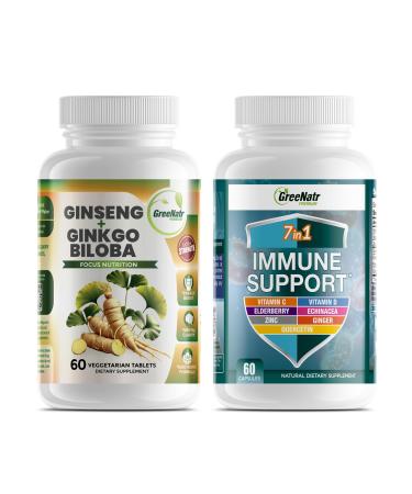 GreeNatr Korean Red Ginseng Root and Ginkgo Biloba and 7 in 1 Immune Support Supplement with Vitamin C, Vitamin D3, Zinc 50mg, Quercetin