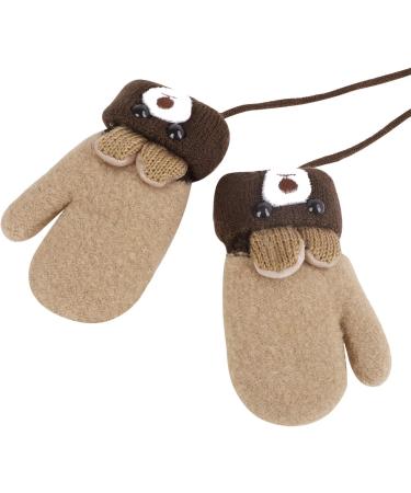 Toddler Kids Winter Warm Thick Plush Short Knitted Gloves With String for 1-3Yrs Beige/Bear - Buy Online on GoSupps.com