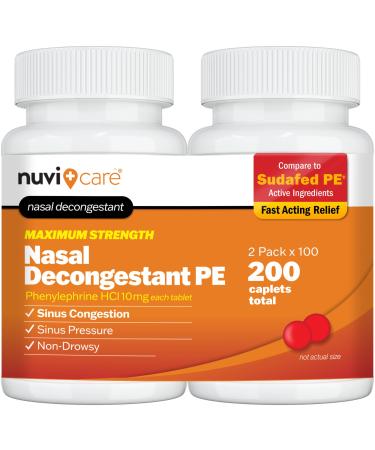 Max Strength PE Phenylephrine HCl 10mg Non Drowsy Nasal Decongestant - Allergy Sinus Congestion Relief Compare to Sudafad PE Decongestant Tablets - Sinus Decongestants for Adults (2 Pack) 200 Caplets (Pack of 2)