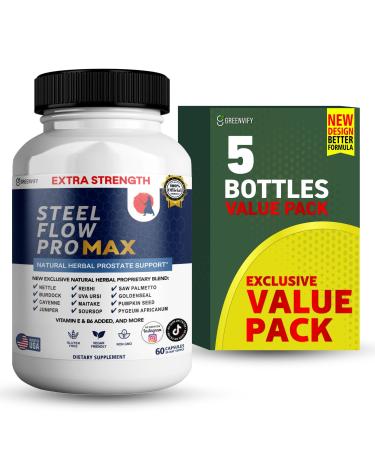 Steel Flow Pro Max Natural Prostate Support Supplement 60 Capsules Extra Strength with Saw Palmetto Vitamins and Herbal Blend (5)