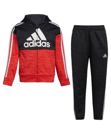 adidas boys Long Sleeve Color Block Mlange Fleece Jacket Set 7 Black Heather With Red