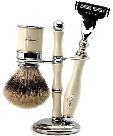 Elegant Ivory Shaving Brush & Razor Set with Silver Pointed Roof Hair | Includes Stainless Steel Bowl & Free Soap - Perfect Gift for Grooming - Buy Online on GoSupps.com