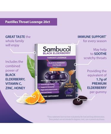 Sambucol Black Elderberry Throat Lozenge with Honey, Vitamin C & Zinc - 3-Pack (60 Pastilles) | Soothes Sore Throat, Supports Immunity - Buy Online on GoSupps.com