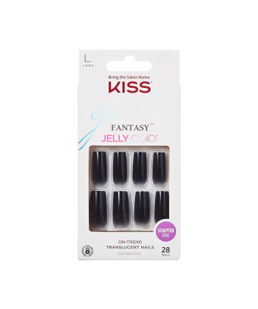KISS Gel Fantasy Press On Nails Nail glue included 'Jelly Gel e' Black Long Size Square Shape Includes 28 Nails 2g glue 1 Manicure Stick 1 Mini File Pink