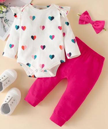 Koonde Baby Girl 3-Piece Outfit Set | Romper, Trouser & Headband | Cream Heart + Magenta | 6-12 Months - Buy Online on GoSupps.com